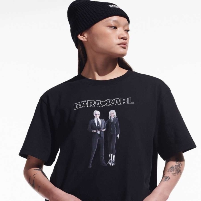 Black Karl Lagerfeld Cara Loves Karl Avatar Women's T-Shirts | USA40TOGU