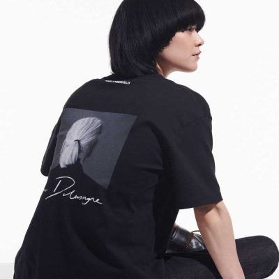 Black Karl Lagerfeld Cara Loves Karl Signature Women's T-Shirts | USA94WYRB