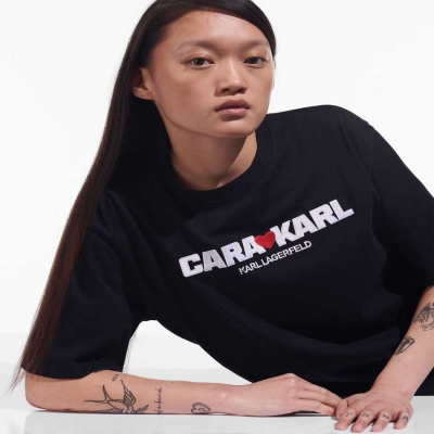 Black Karl Lagerfeld Cara Loves Karl Women's T-Shirts | USA51ATHX