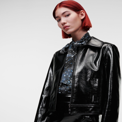 Black Karl Lagerfeld Faux Patent Leather Women's Bomber Jackets | USA10RWLV