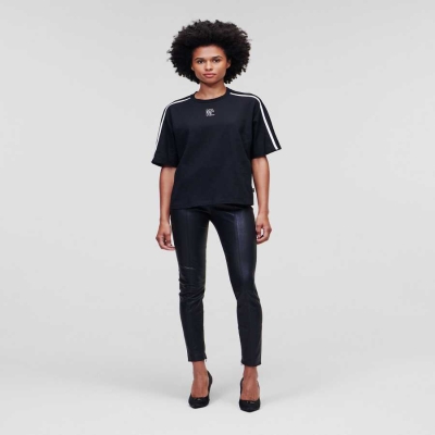 Black Karl Lagerfeld Fitted With Piping Women's T-Shirts | USA25GJDT