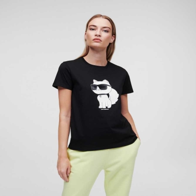 Black Karl Lagerfeld Ikonik 2.0 Choupette Women's T-Shirts | USA09SLYR