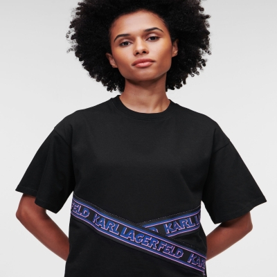 Black Karl Lagerfeld Karl Logo Tape Women's T-Shirts | USA02YPCB