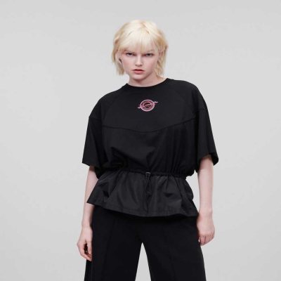 Black Karl Lagerfeld Nylon Peplum Women's T-Shirts | USA65WMLU