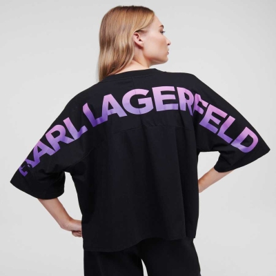 Black Karl Lagerfeld Ombré Karl Logo Cropped Women's T-Shirts | USA68NTFJ