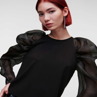 Black Karl Lagerfeld Organza Sleeve Women's Blouses | USA83UCFP