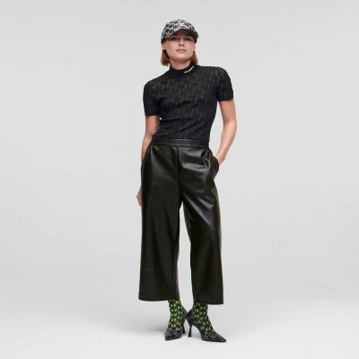 Black Karl Lagerfeld Perforated Kl Monogram Faux-leather Culottes Women's Pants | USA82EZDR