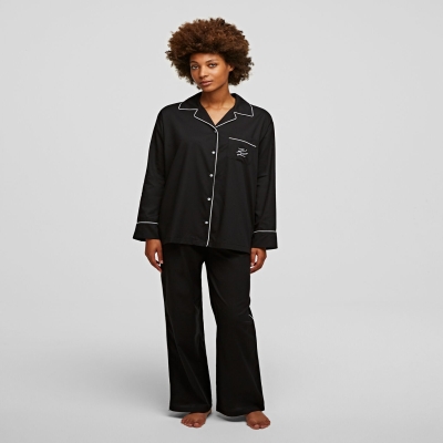 Black Karl Lagerfeld Piped Pajama Pants Women's Sleepwear | USA82ONEX