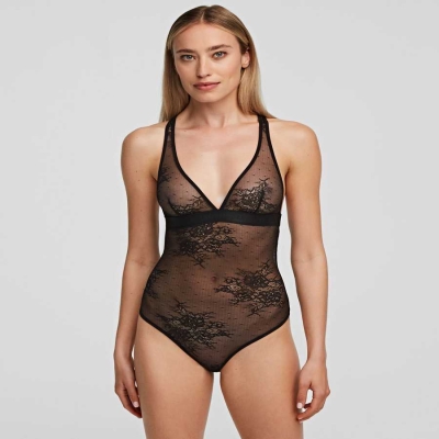 Black Karl Lagerfeld Racerback Lace Bodysuit Women's Underwear | USA72XHKO