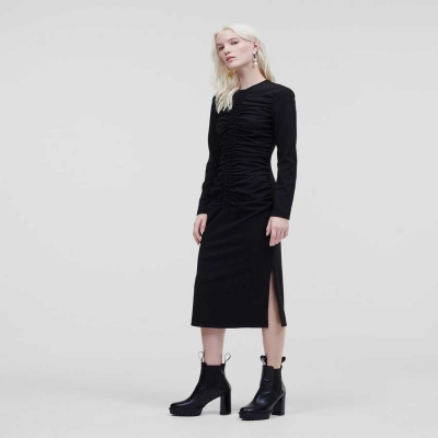 Black Karl Lagerfeld Ruched Jersey Women's Dresses | USA70RGNV