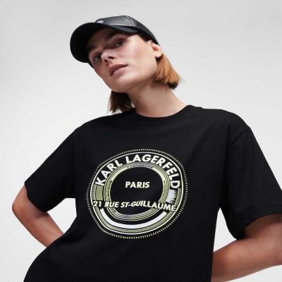 Black Karl Lagerfeld Rue St-guillaume Circle Logo Women's T-Shirts | USA20ZWAN