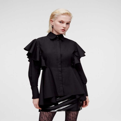 Black Karl Lagerfeld Ruffle Detail Poplin Women's Blouses | USA87QVRG