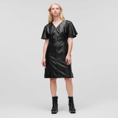 Black Karl Lagerfeld V-neck Leather Midi Women's Dresses | USA42HUTK