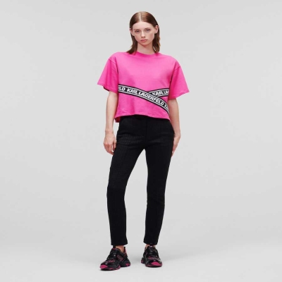 Fuchsia Karl Lagerfeld Karl Logo Tape Women's T-Shirts | USA98HZJF