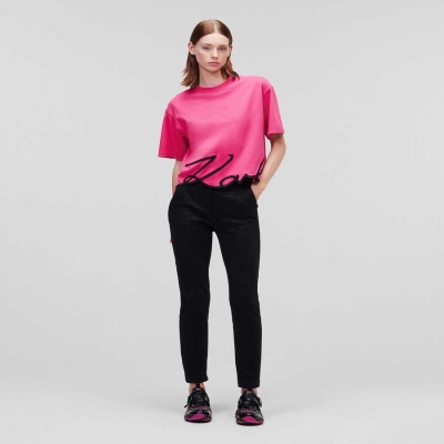 Fuchsia Karl Lagerfeld Karl Signature Hem Women's T-Shirts | USA03OUCW