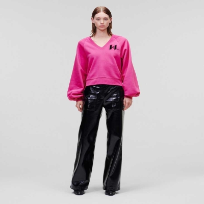 Fuchsia Karl Lagerfeld Puff-sleeve V-neck Women's Sweatshirts | USA57FAHW