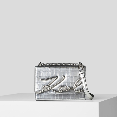 Silver Karl Lagerfeld K/Signature Croc-embossed Small Women's Shoulder Bags | USA72UTWO