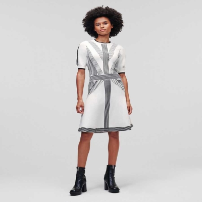 White / Black Karl Lagerfeld Geometric Knit Women's Dresses | USA17PHEV