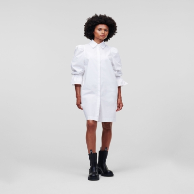 White Karl Lagerfeld Puff-sleeve Poplin Women's Dresses | USA91SKZP