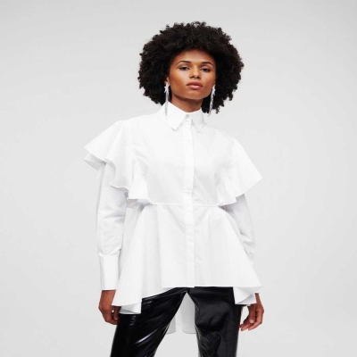 White Karl Lagerfeld Ruffle Detail Poplin Women's Blouses | USA36NCOV