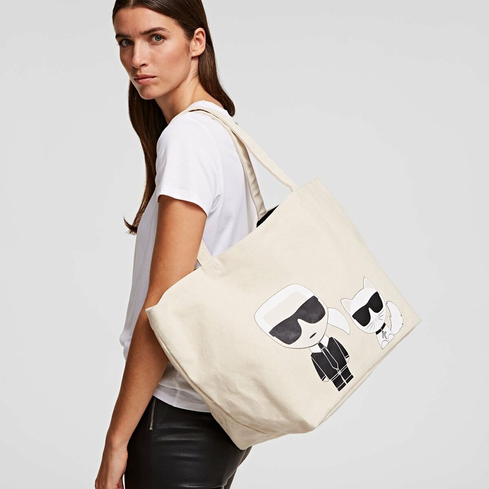 Beige Karl Lagerfeld Ikonik Karl & Choupette Women's Tote Bags | USA54RWYG