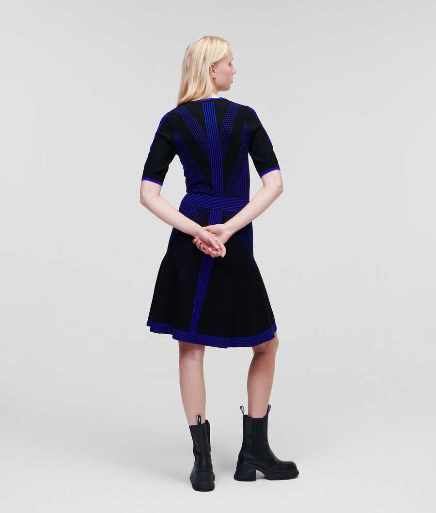 Black / Blue Karl Lagerfeld Geometric Knit Women's Dresses | USA61ODFZ