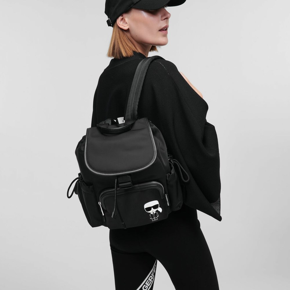 Black Karl Lagerfeld K/Ikonik Nylon Flap Women's Backpacks | USA81KJHQ