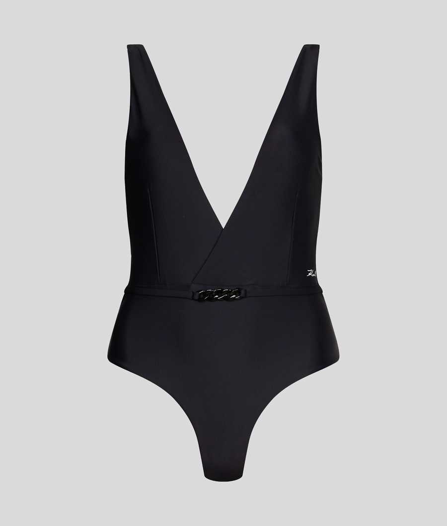 Black Karl Lagerfeld Karl Dna V-neck Swimsuits Women's Beachwear | USA60QMWR