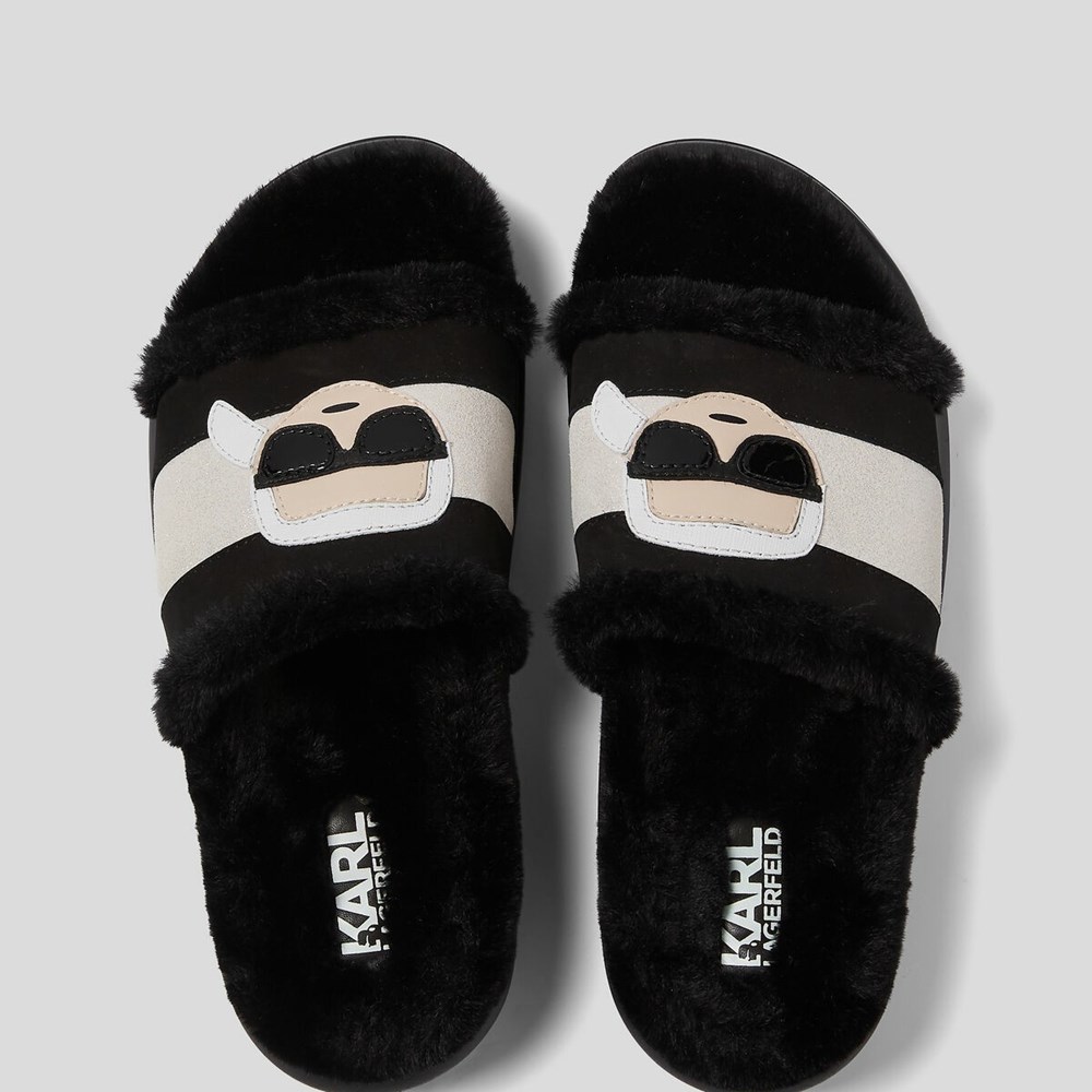 Black Karl Lagerfeld Kasa Karl Kapri Shearling Slide Women's Sandals & Flats | USA20IXAF