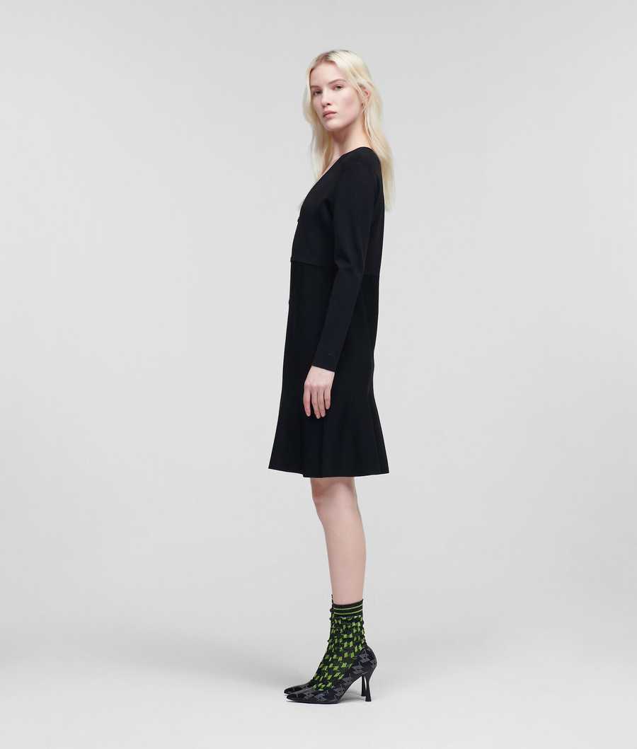 Black Karl Lagerfeld Long-sleeved Button-front Knit Women's Dresses | USA78RBCV