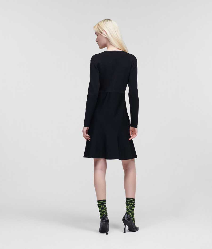 Black Karl Lagerfeld Long-sleeved Button-front Knit Women's Dresses | USA78RBCV