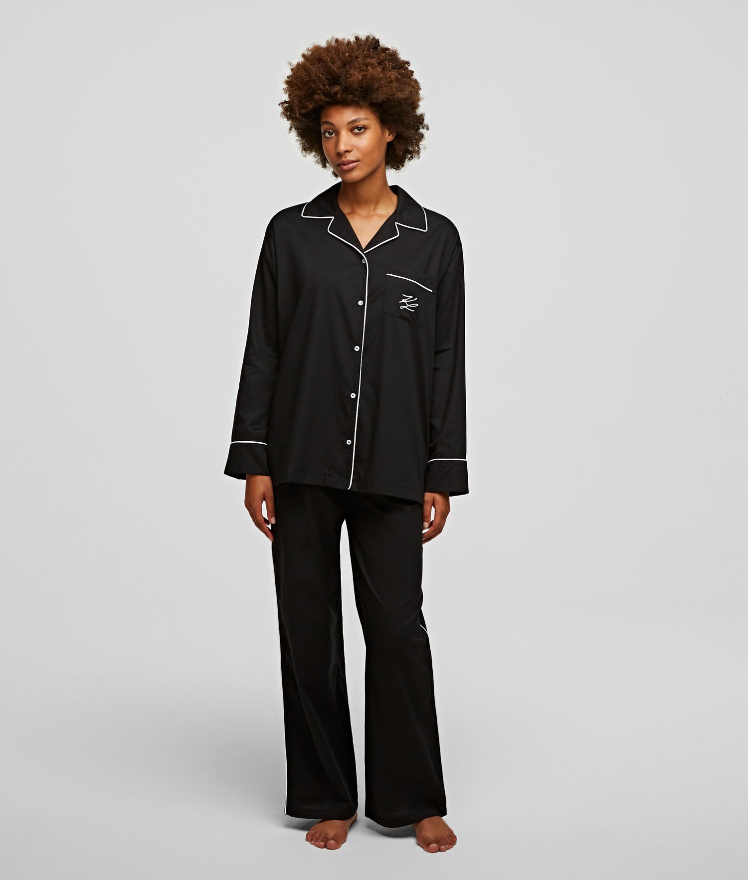 Black Karl Lagerfeld Long-sleeved Piping-trimmed Pajama Shirt Women's Sleepwear | USA08DFVT