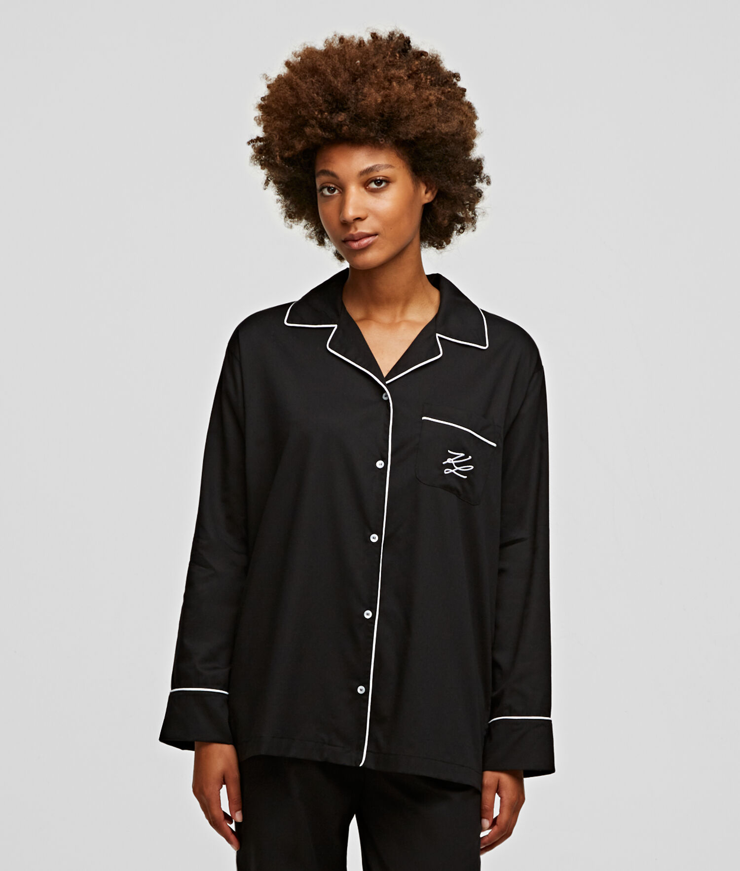 Black Karl Lagerfeld Long-sleeved Piping-trimmed Pajama Shirt Women\'s Sleepwear | USA08DFVT