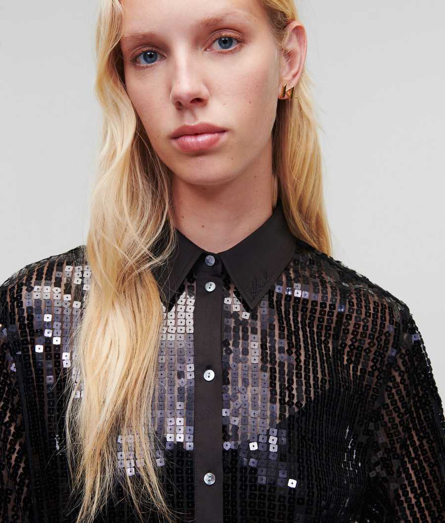 Black Karl Lagerfeld Sequinned Longline Women's Blouses | USA47BUFX