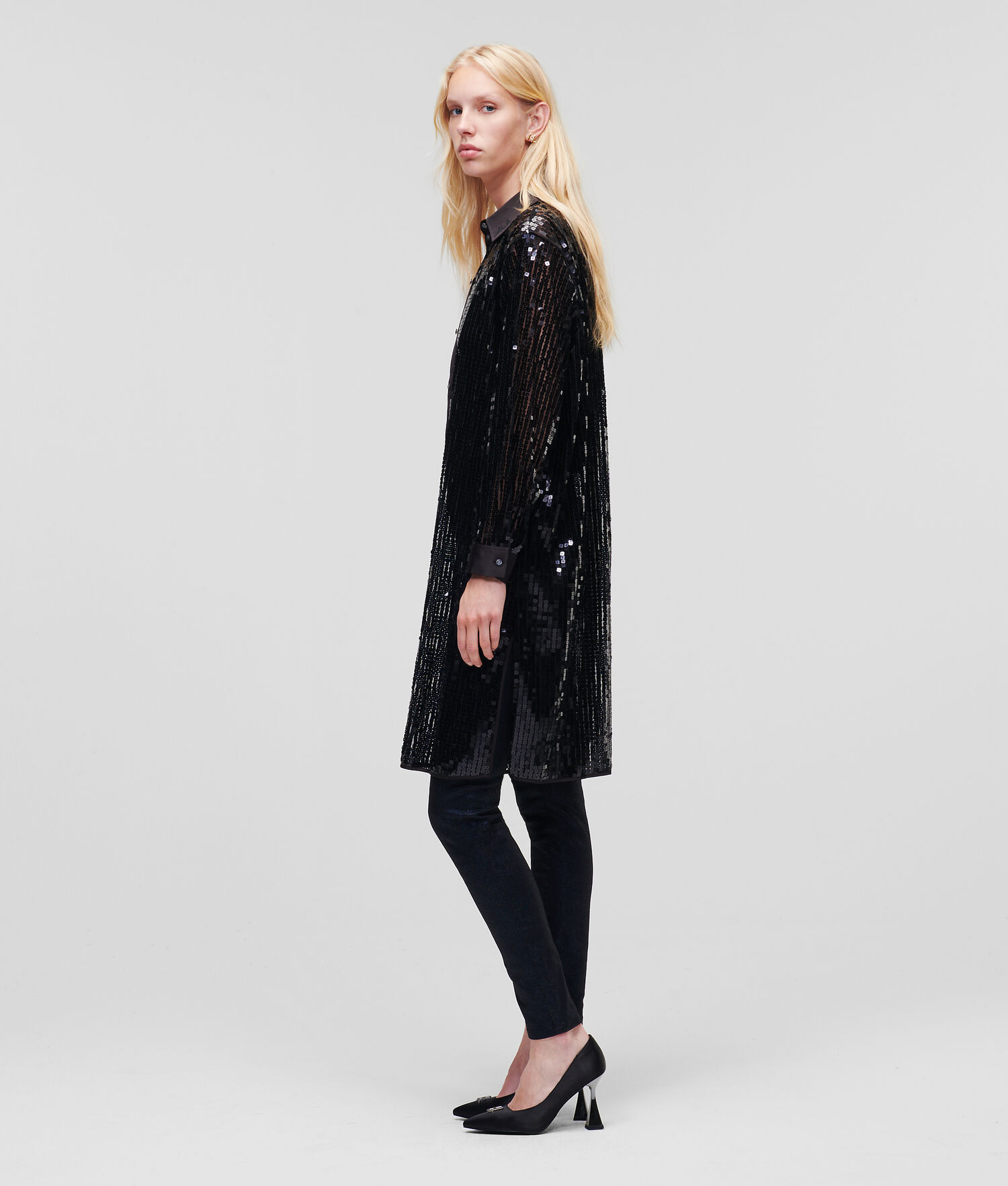 Black Karl Lagerfeld Sequinned Longline Women's Blouses | USA47BUFX