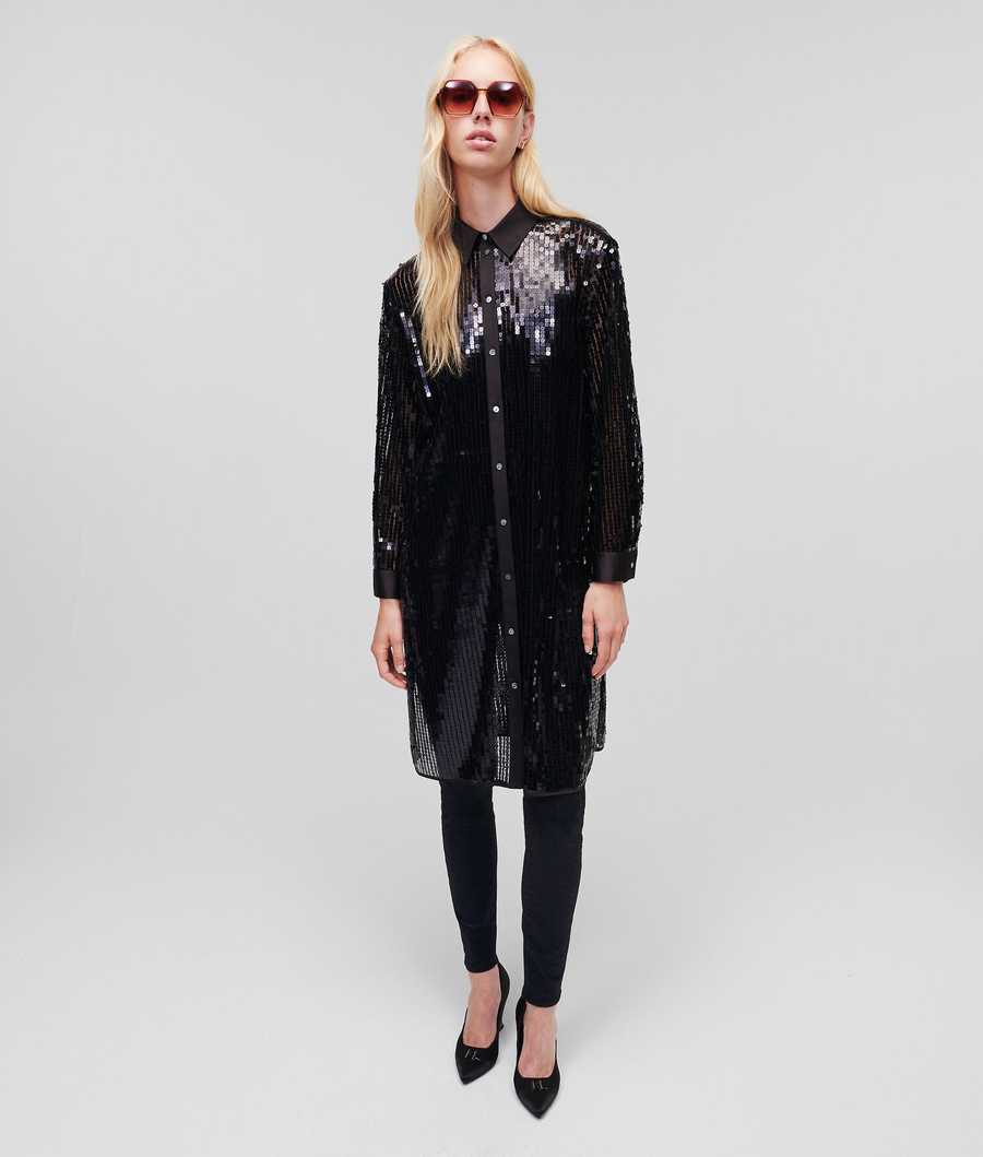 Black Karl Lagerfeld Sequinned Longline Women's Blouses | USA47BUFX