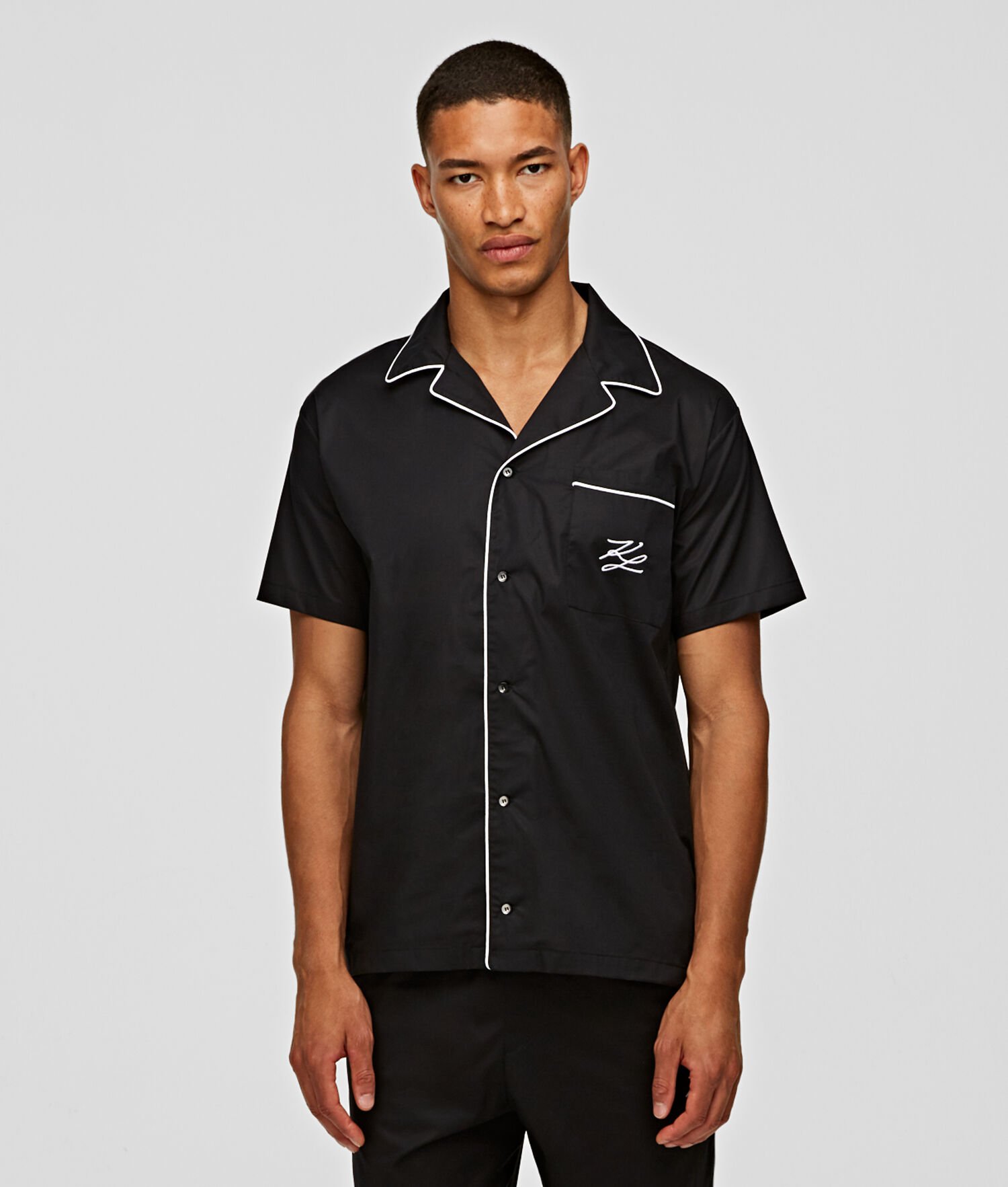 Black Karl Lagerfeld Short-sleeve Piped Pajama Shirt Men's Sleepwear | USA47DPQO