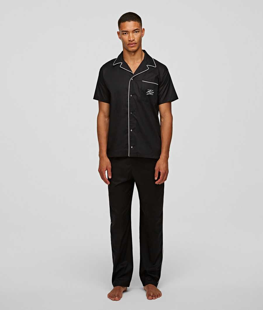 Black Karl Lagerfeld Short-sleeve Piped Pajama Shirt Men's Sleepwear | USA47DPQO