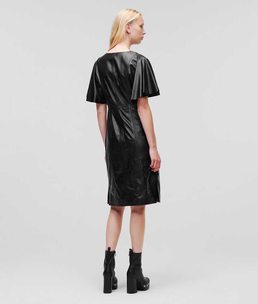 Black Karl Lagerfeld V-neck Leather Midi Women's Dresses | USA42HUTK