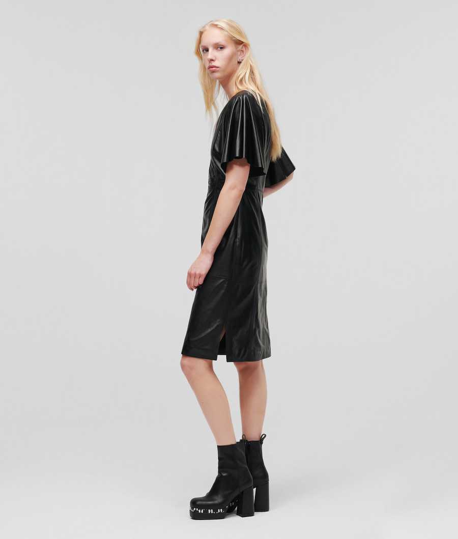 Black Karl Lagerfeld V-neck Leather Midi Women's Dresses | USA42HUTK