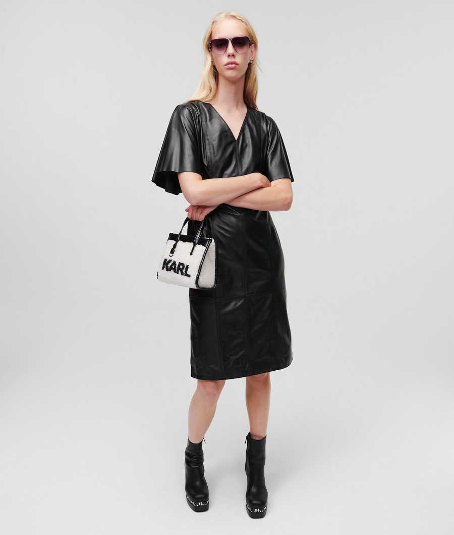 Black Karl Lagerfeld V-neck Leather Midi Women's Dresses | USA42HUTK