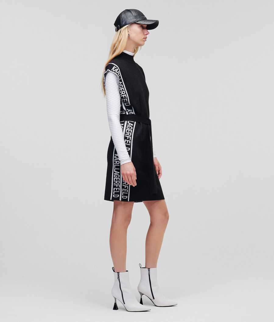 Black / White Karl Lagerfeld Sleeveless Logo Tape Knit Women's Dresses | USA49BQEI