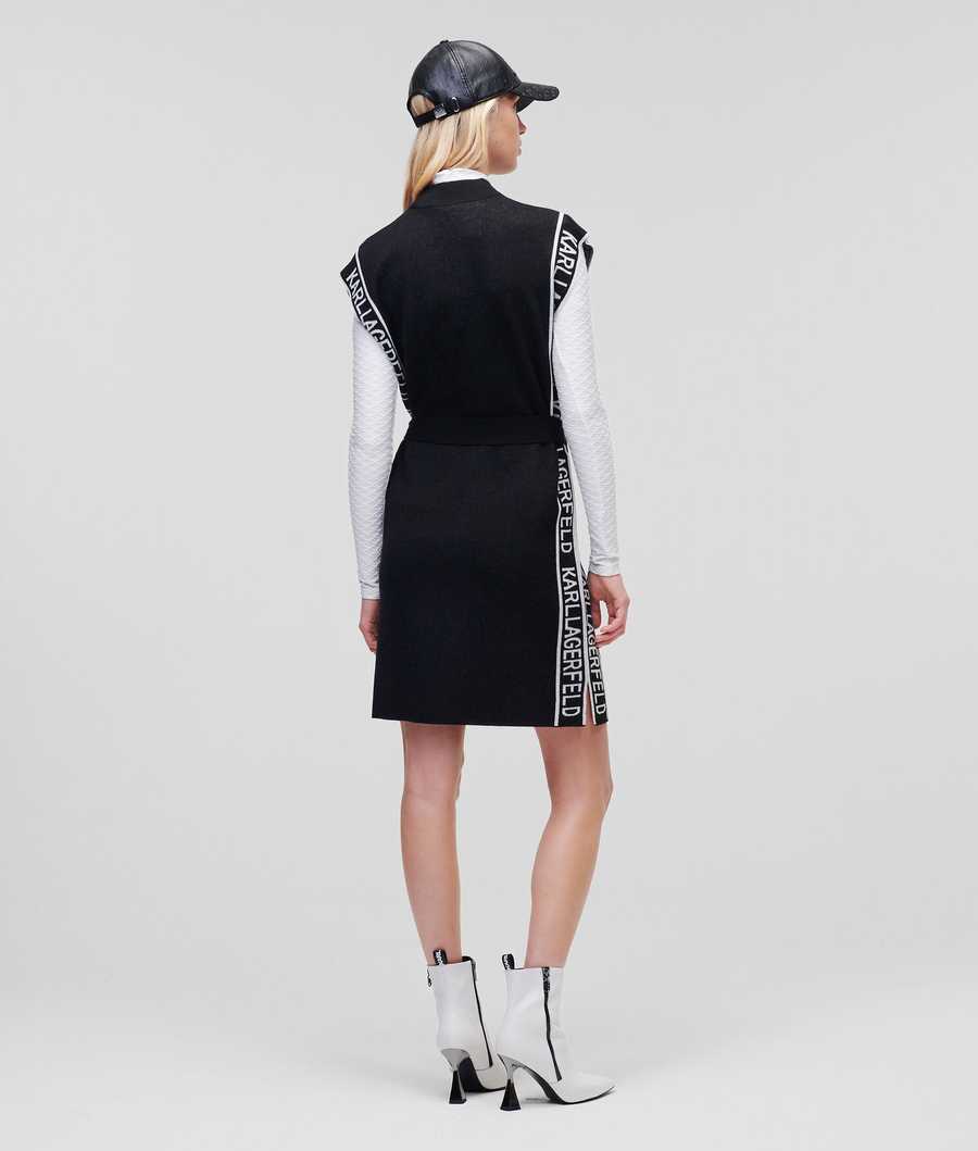 Black / White Karl Lagerfeld Sleeveless Logo Tape Knit Women's Dresses | USA49BQEI