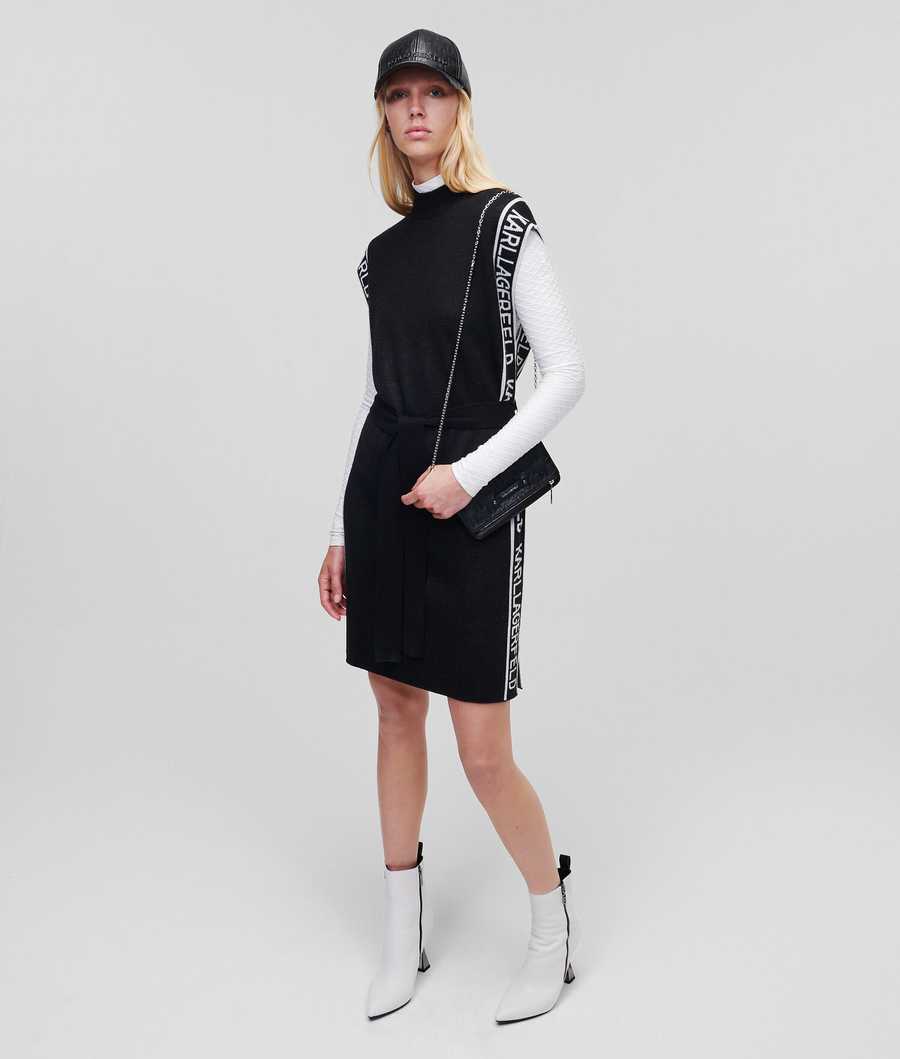 Black / White Karl Lagerfeld Sleeveless Logo Tape Knit Women's Dresses | USA49BQEI