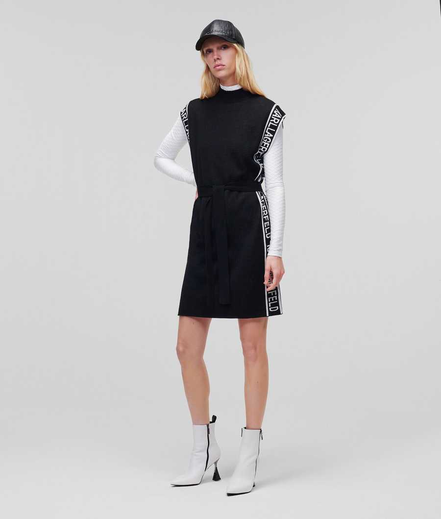 Black / White Karl Lagerfeld Sleeveless Logo Tape Knit Women\'s Dresses | USA49BQEI