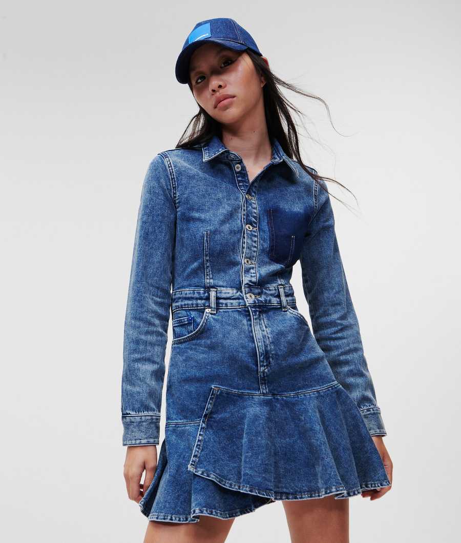 Blue Karl Lagerfeld Klj Ruffled Hem Denim Women\'s Dresses | USA03TEYM