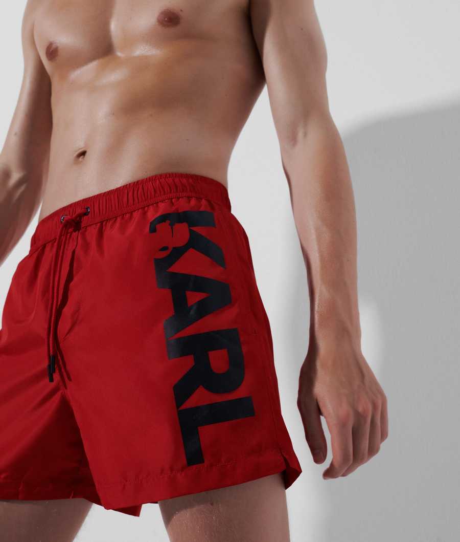 Red Karl Lagerfeld Karl Logo Board Shorts Men's Beachwear | USA07MREK