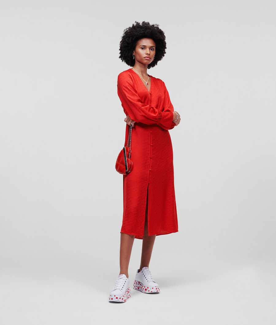 Red Karl Lagerfeld Karl Logo Jacquard Women's Dresses | USA62BHTM