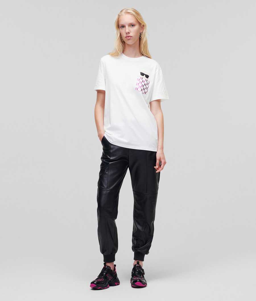 White Karl Lagerfeld Ikonik Karl Metallic Monogram Pocket Women's T-Shirts | USA53IZJX