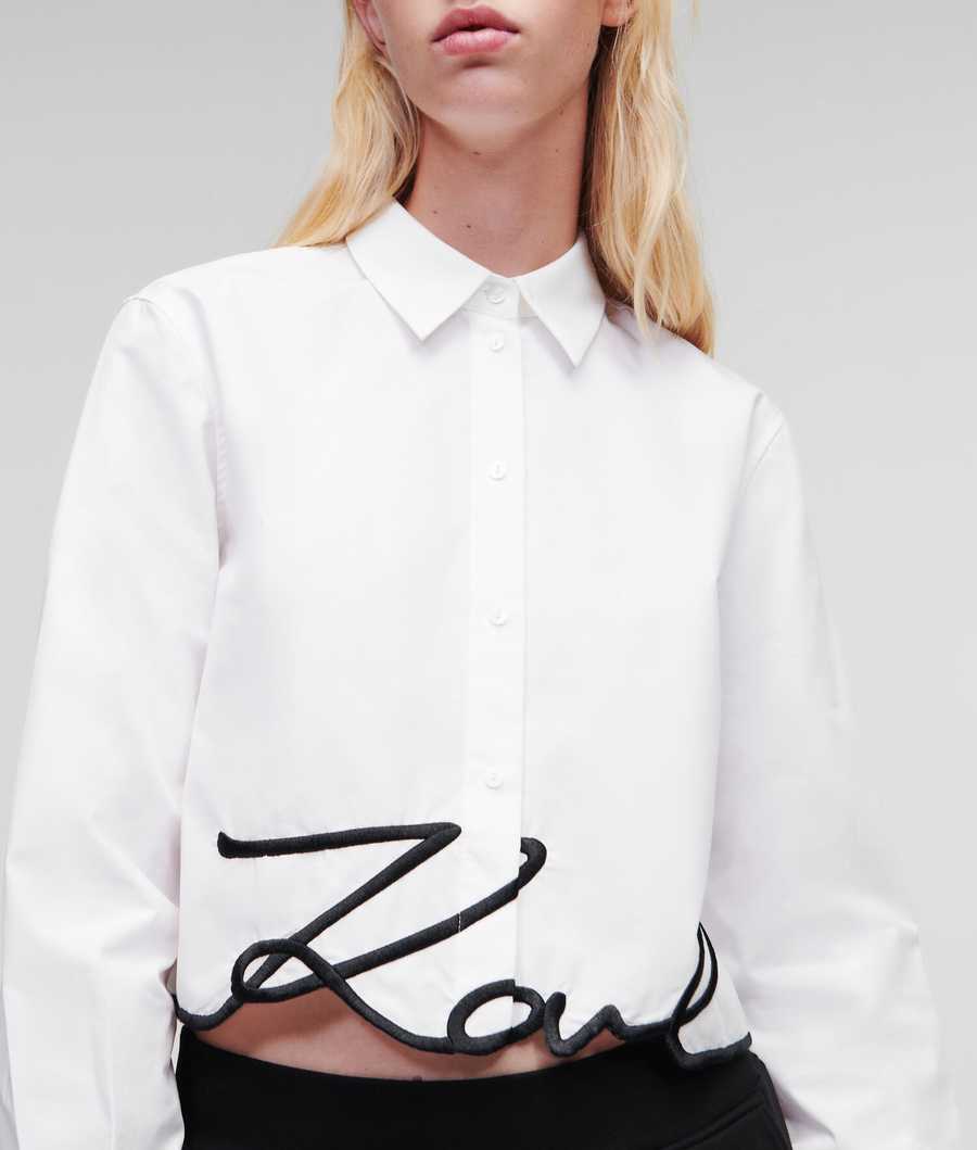 White Karl Lagerfeld Karl Signature Cropped Women\'s Blouses | USA75DBMX